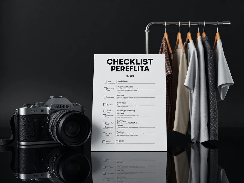 Mockup do Checklist Foto Perfeita ao lado de uma câmera e uma arara de roupas