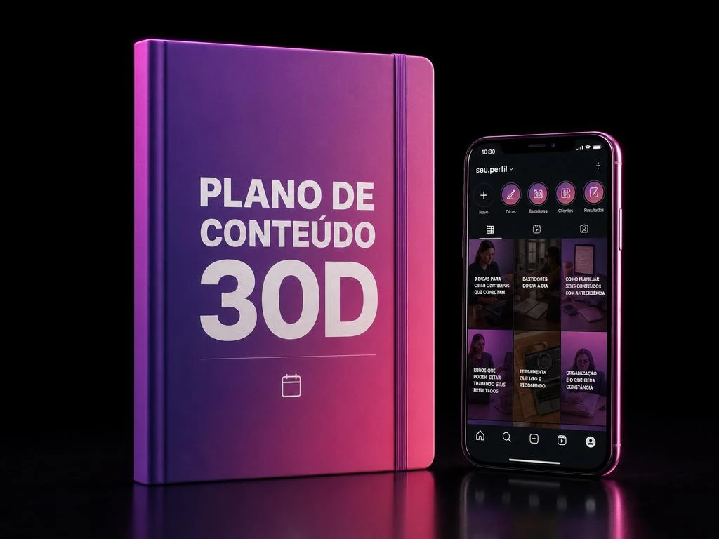 Mockup do Plano de Conteúdo 30D em degradê roxo ao lado de um celular