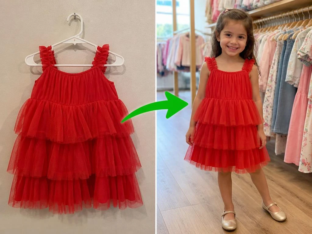 Vestido infantil vermelho no cabide comparado com uma menina usando o vestido na loja