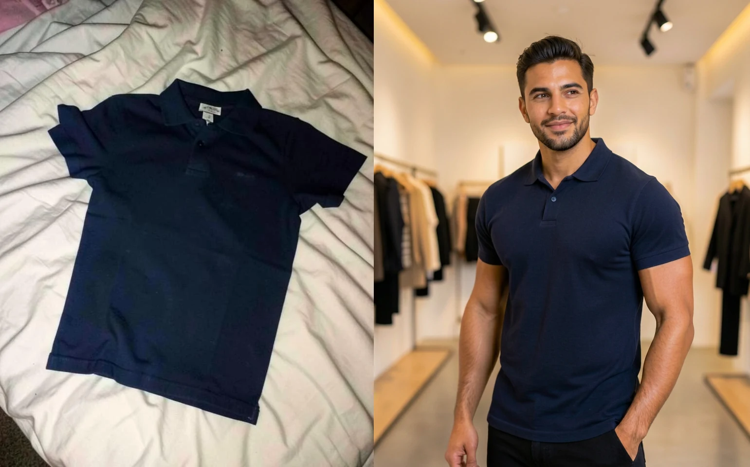 Polo azul-marinho fotografada de forma amadora na cama comparada com a mesma polo vestida por um modelo em foto profissional