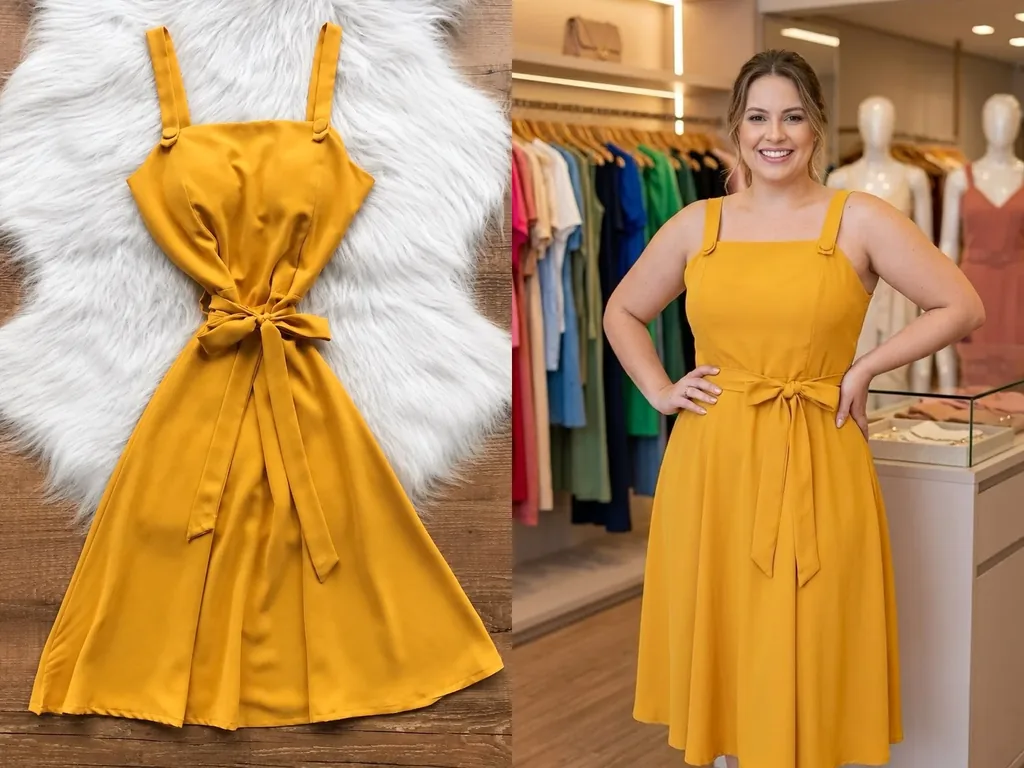 Vestido amarelo amador sobre tapete comparado com a mesma peça em foto profissional com modelo na loja