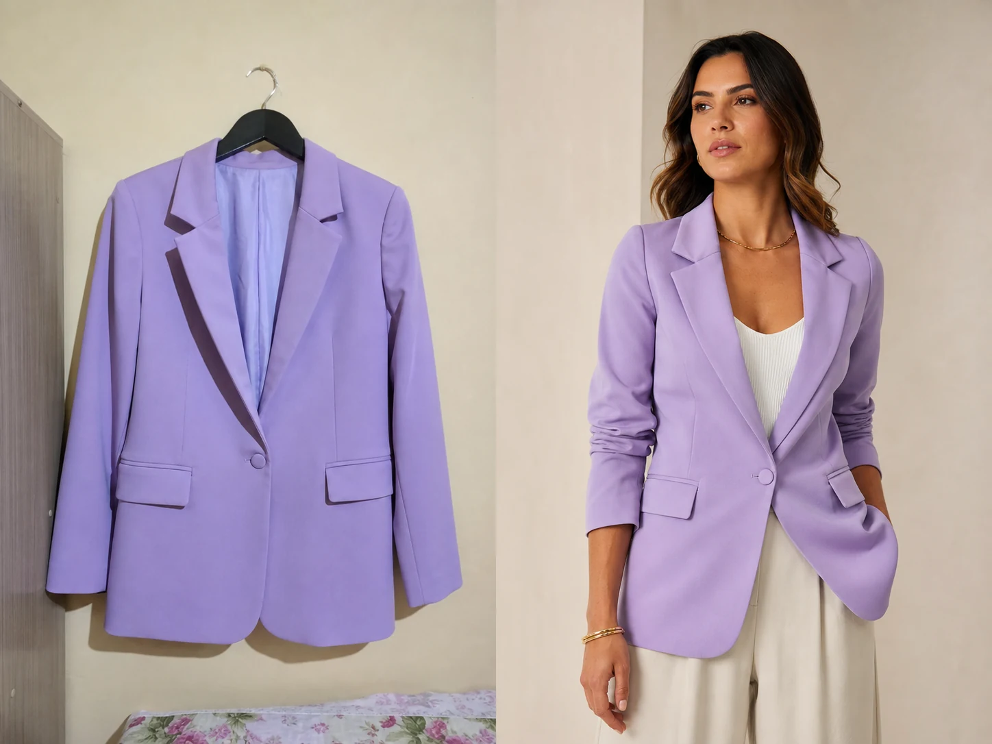 Blazer lilás pendurado em um cabide ao lado de uma modelo vestindo o mesmo blazer em foto profissional