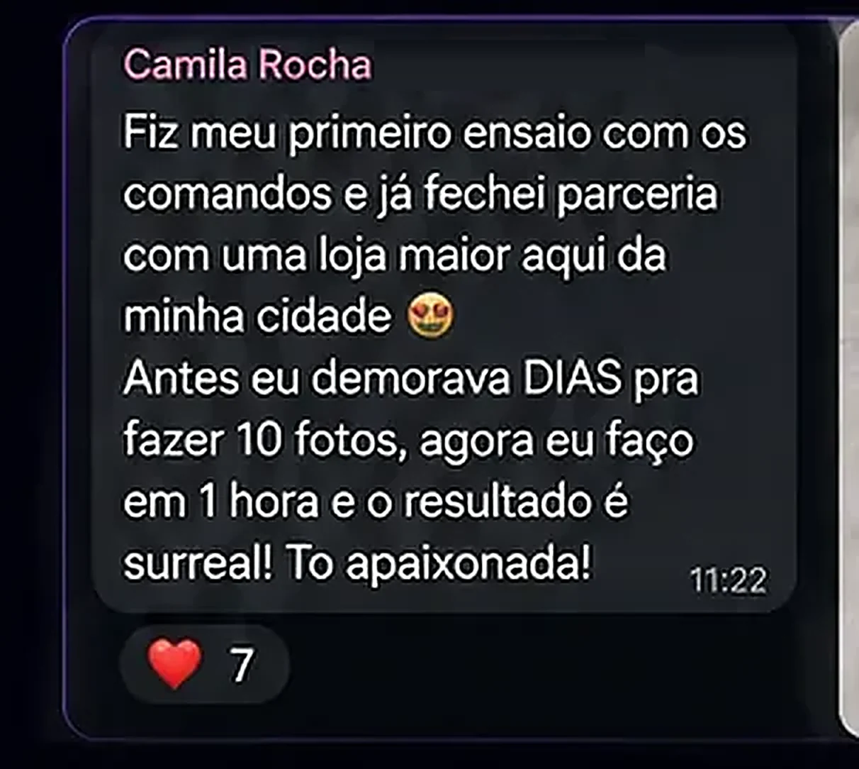 Print de WhatsApp: Camila Rocha conta que fechou parceria com uma loja maior depois das fotos