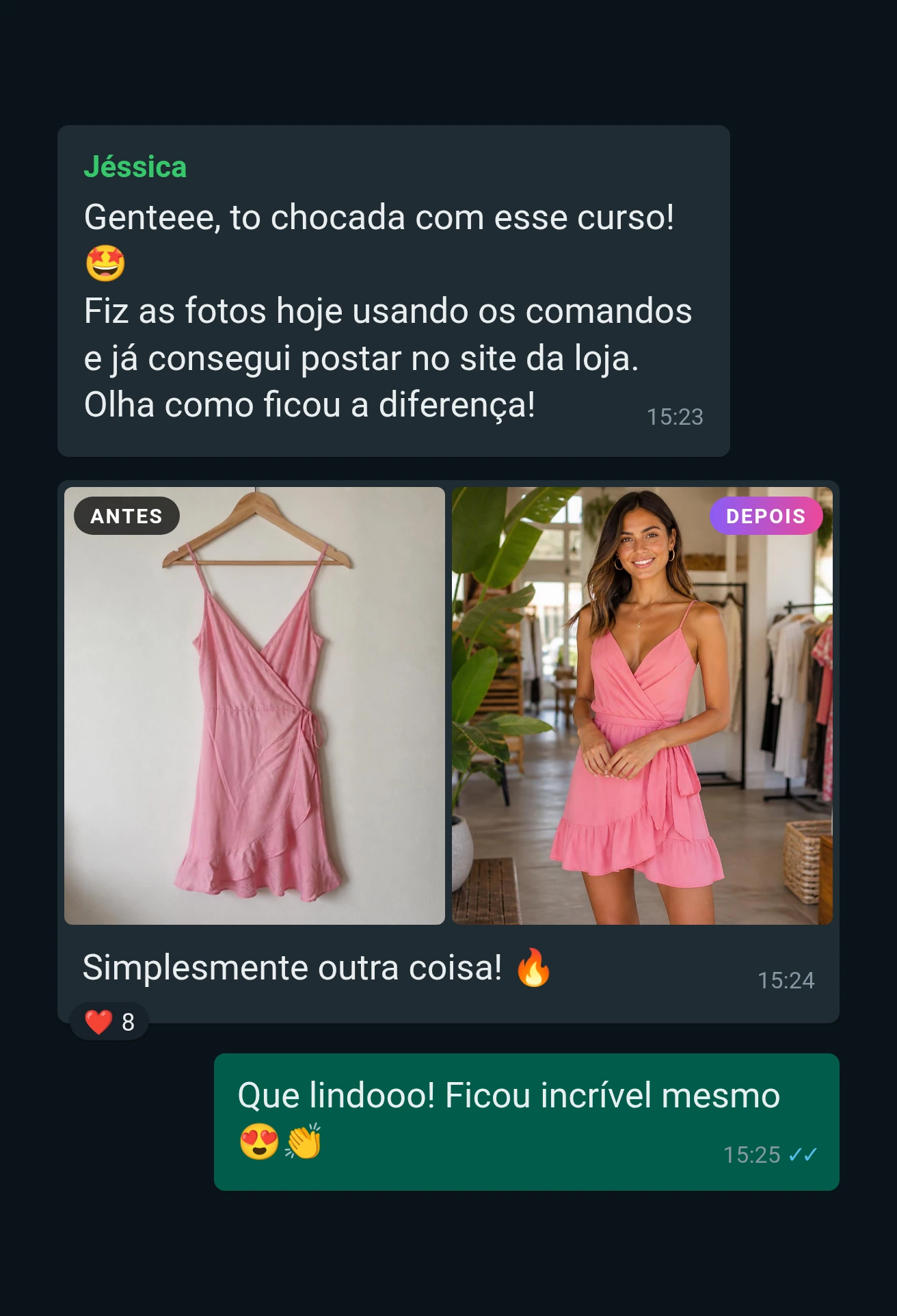 Print de WhatsApp: mensagem de cliente com fotos feitas com o ProveiFy