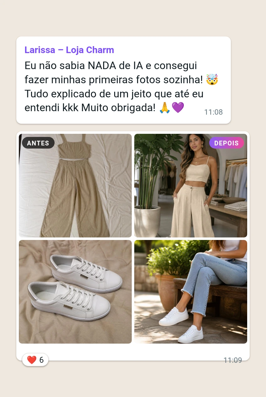 Print de WhatsApp: Larissa mostra o antes e depois das fotos da loja dela