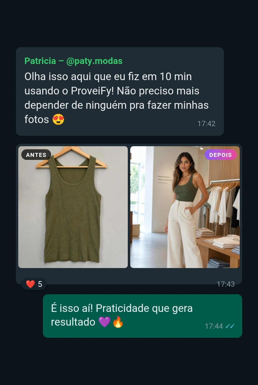 Print de WhatsApp: Patrícia mostra o resultado das fotos feitas com os comandos